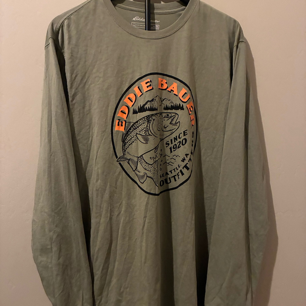 Eddie Bauer Long Sleeve Shirt Mens‎ TXL Tall Green Graphic Fish Trout Cotton